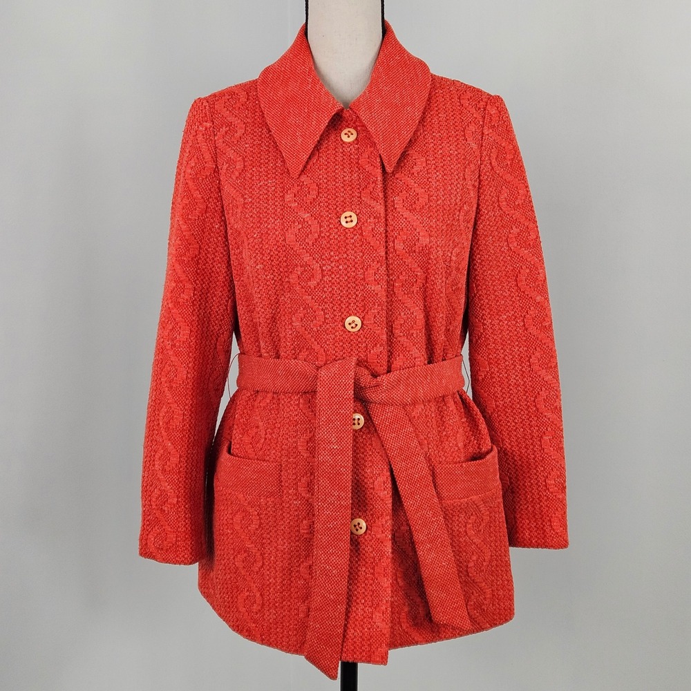 Betty Rose Knit Coat Women Size M Orange Vintage 70s ILGWU Belted Cable Jacket